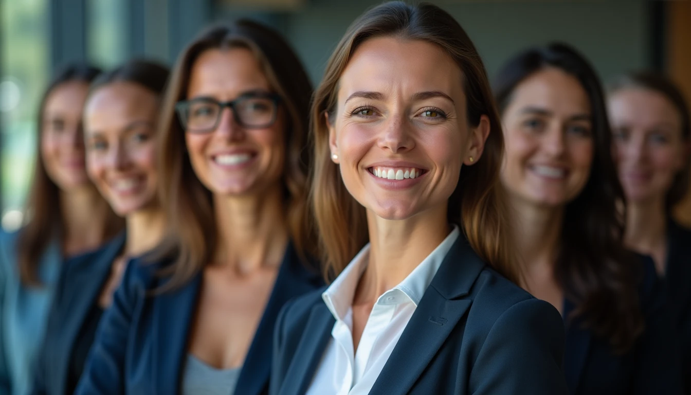 Professional business team Frankfurt office corporate group portrait detailed smiling confident
