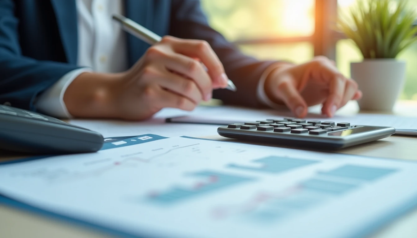 Professional accountant bookkeeping financial documents calculator office detailed focus on hands and papers