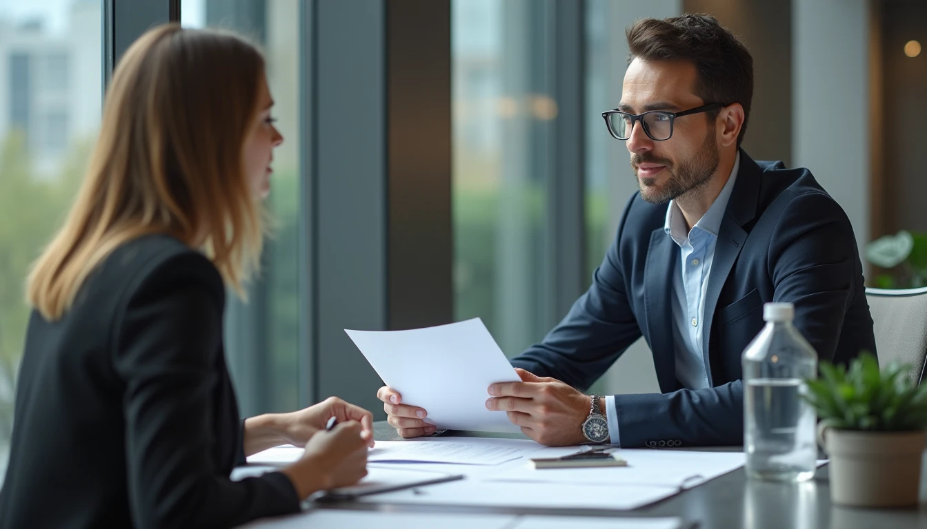 Business coach consulting session professional advisor strategy planning detailed looking at documents with client